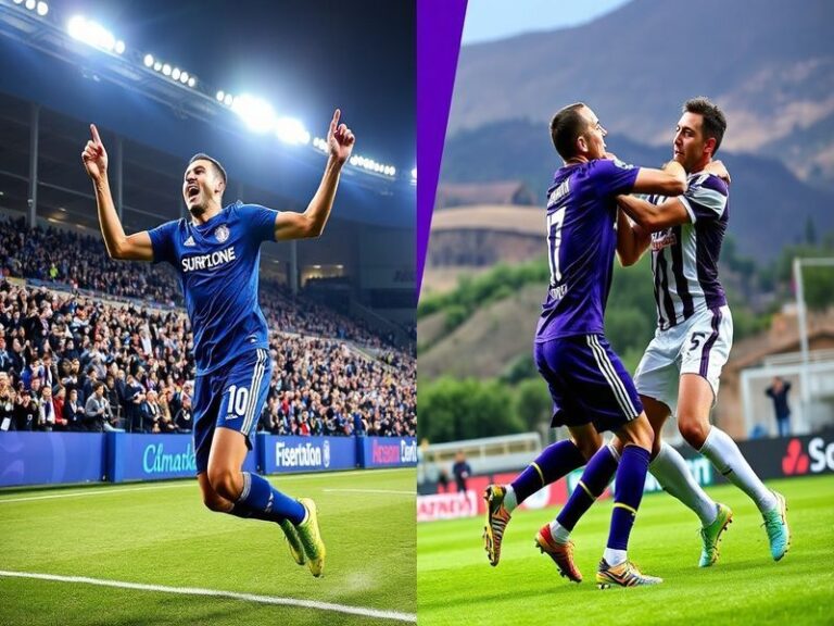 A vibrant shot of the Bentegodi Stadium in Verona during a match, with Fiorentina players in purple kits attacking and Verona