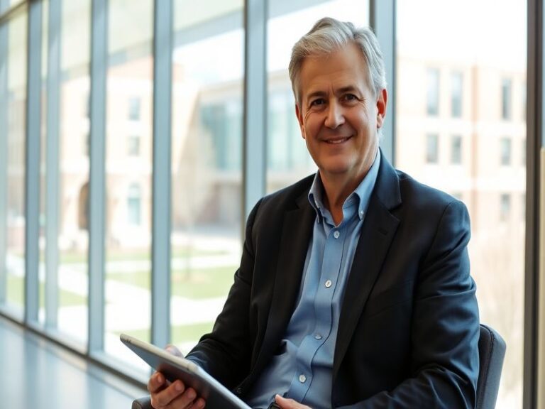 A professional portrait of Clark Gilbert in a modern office setting, with digital screens displaying news headlines and analy