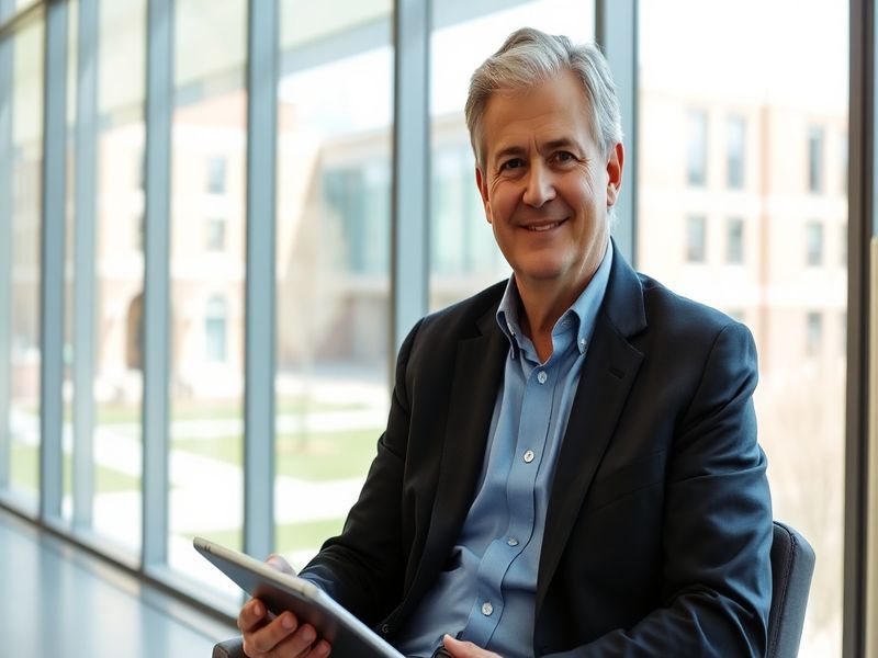 A professional portrait of Clark Gilbert in a modern office setting, with digital screens displaying news headlines and analy