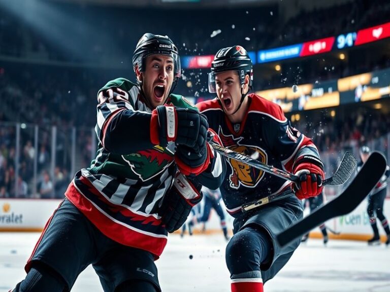 A split-screen image showing a Minnesota Wild defenseman breaking up an Ottawa Senators rush, with the Senators' forwards in