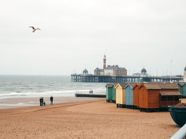 A vibrant seaside scene of Whitley Bay at sunset, featuring the restored Spanish City dome, golden sandy beach with families