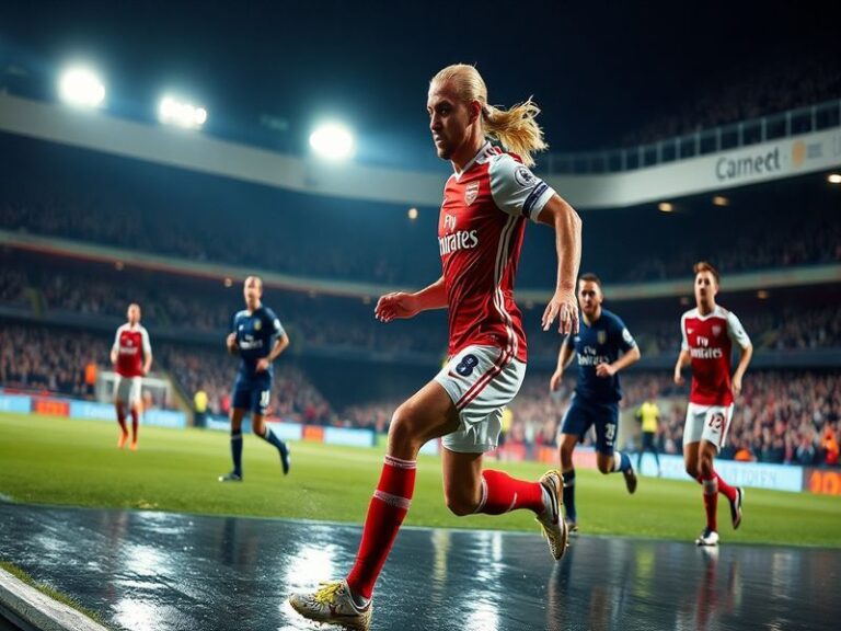 A dynamic action shot of Theo Walcott in an Arsenal kit, mid-dribble on a Premier League pitch, showcasing his speed and dete