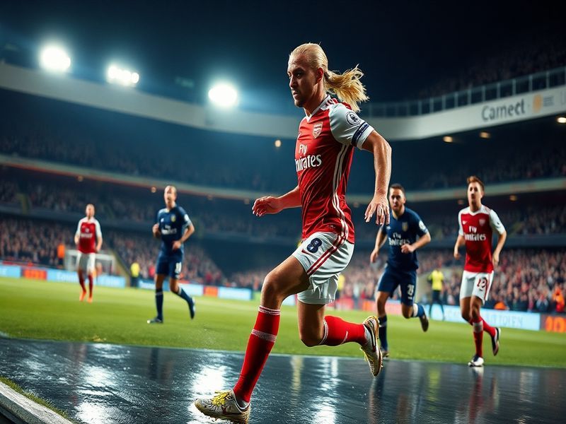 A dynamic action shot of Theo Walcott in an Arsenal kit, mid-dribble on a Premier League pitch, showcasing his speed and dete