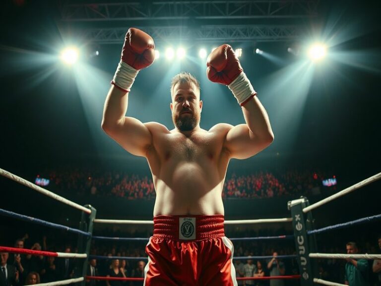 A dynamic action shot of Tyson Fury mid-fight in a packed stadium, wearing his signature green trunks with the Union Jack, su