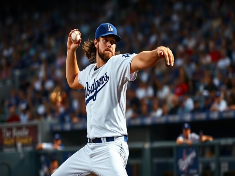 A dynamic action shot of Dustin May mid-pitch, showcasing his high leg kick and explosive arm whip. He’s wearing a Dodgers un