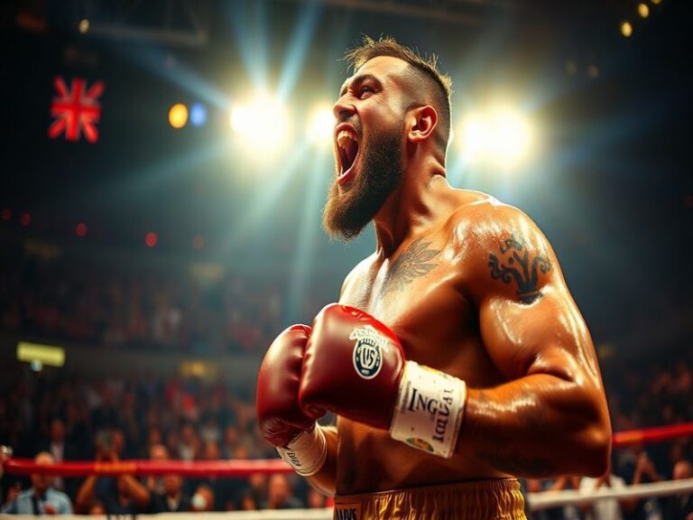 A dynamic action shot of Tyson Fury mid-fight, showcasing his defensive skills and ring IQ, with a blurred-out opponent in th