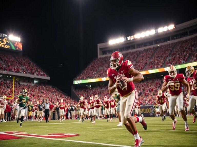 A dynamic action shot of an Oklahoma vs Baylor football game, featuring players in mid-play with the Sooners' crimson and the