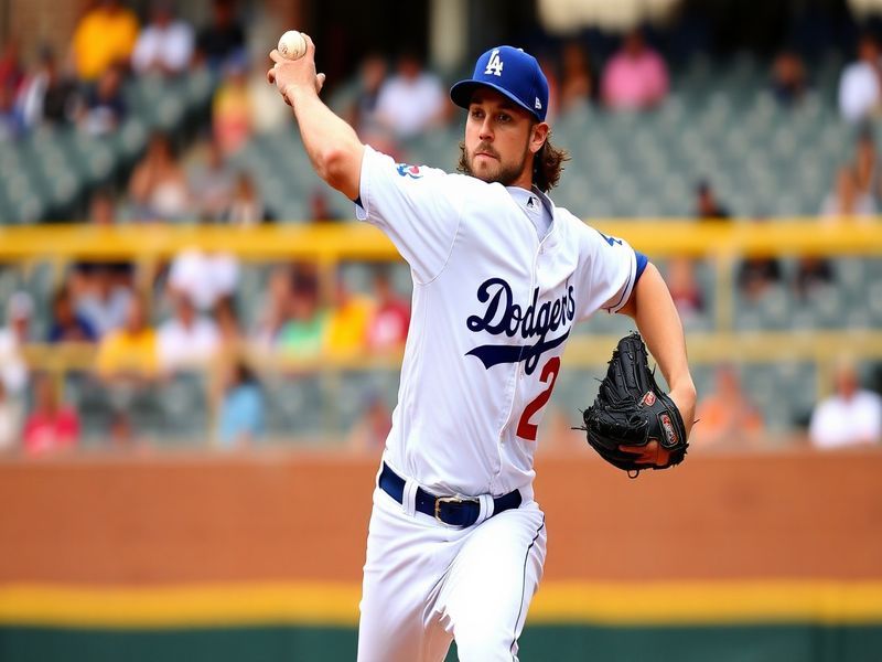 A focused action shot of Dustin May in mid-pitch during a Los Angeles Dodgers home game, wearing navy blue and white uniform,