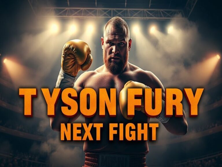 A split-image poster showing Tyson Fury in his red and green trunks on one side, and a potential opponent like Oleksandr Usyk