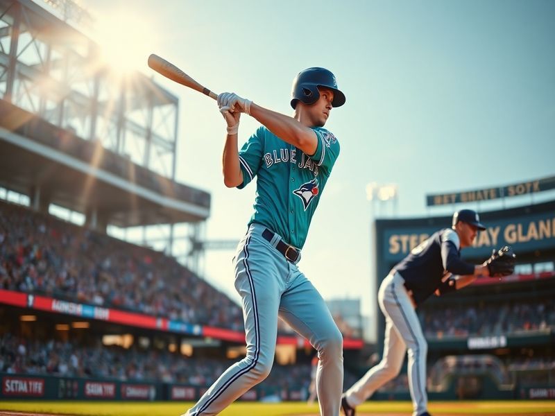 A dynamic shot of a Blue Jays batter mid-swing facing a White Sox pitcher in a packed stadium, with Toronto's blue uniforms c