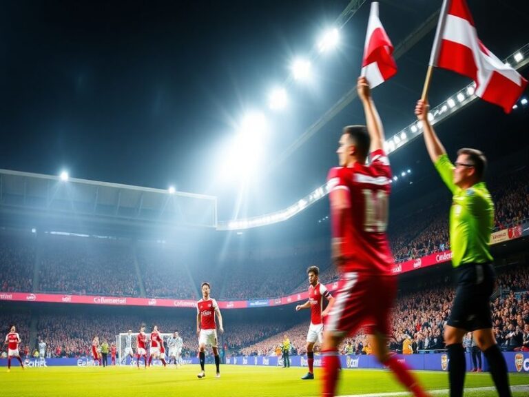 A vibrant Premier League stadium atmosphere with Arsenal players celebrating a goal against Southampton. The St Mary’s Stadiu