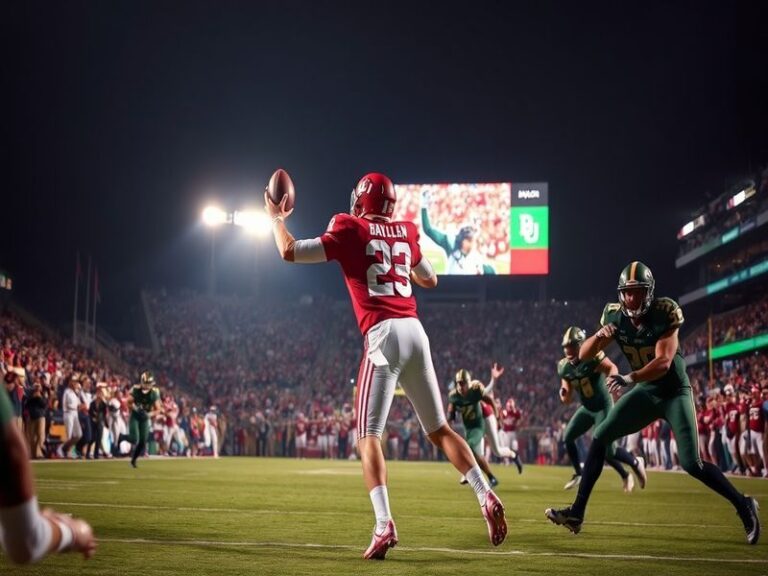 A dynamic shot of Baylor’s Byron Murphy II sacking Oklahoma quarterback Caleb Williams during the game. The background shows