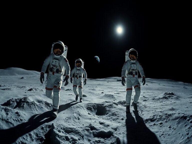 A high-resolution illustration of the Artemis II crew in their Orion spacecraft, silhouetted against the Moon and Earth in th