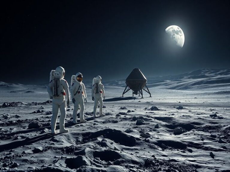 A cinematic illustration of the Artemis II crew inside the Orion spacecraft during lunar orbit, with Earth visible in the bac