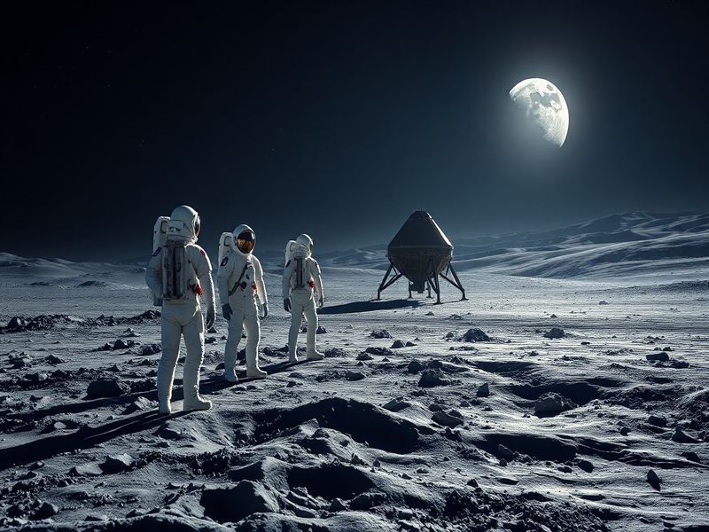 A cinematic illustration of the Artemis II crew inside the Orion spacecraft during lunar orbit, with Earth visible in the bac