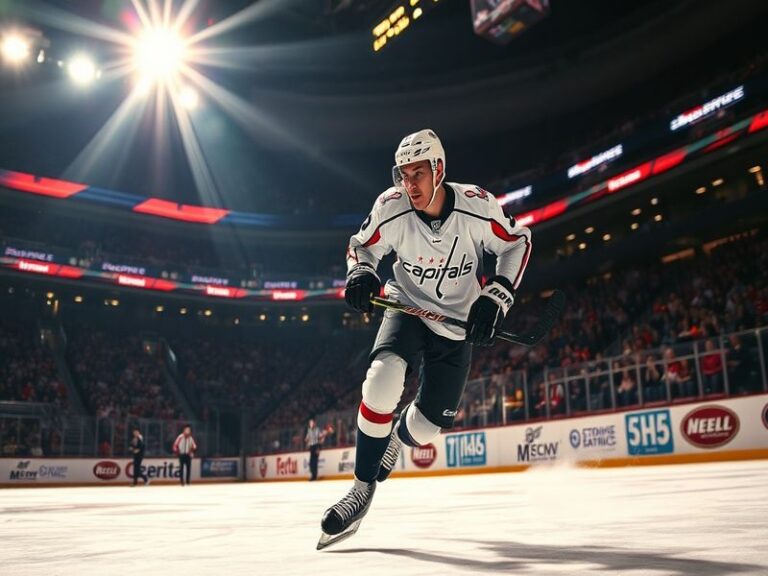 A dynamic action shot of Garrett Mitchell in a Washington Capitals jersey, skating with intensity during an NHL game. The bac