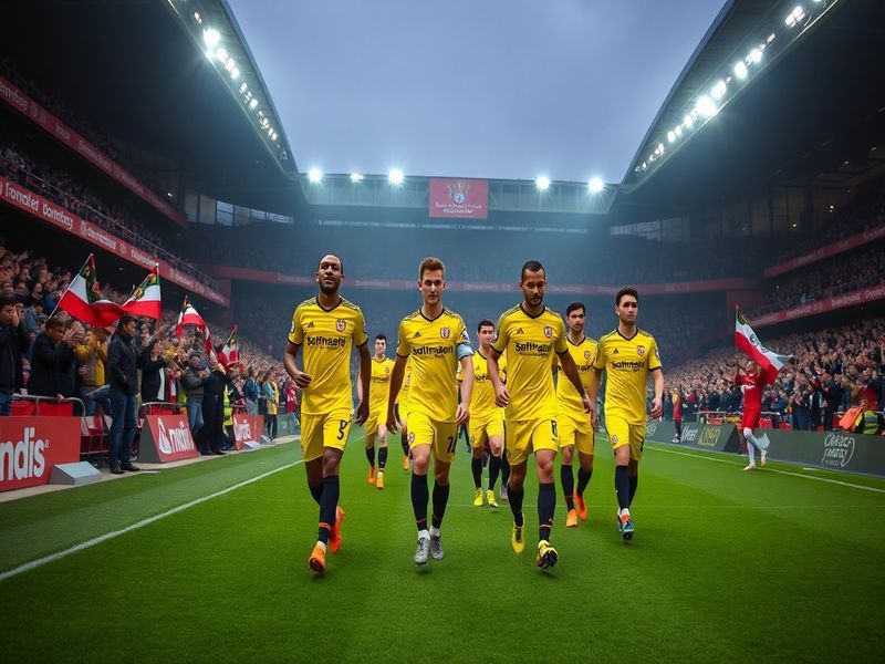 A vibrant image of Southampton players in yellow kits, standing together on the pitch with fans in the stands also wearing ye