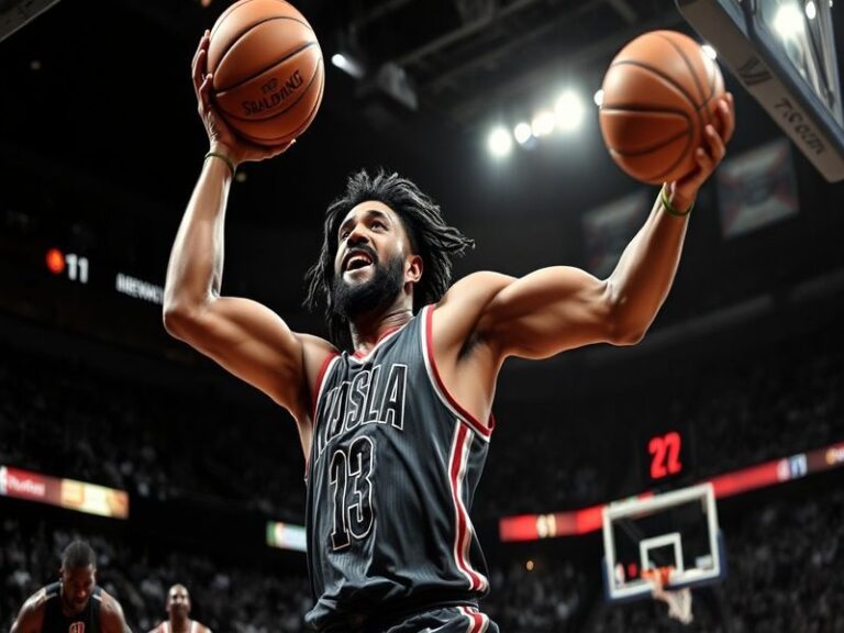 A dynamic action shot of Joakim Noah mid-game, wearing a stylish streetwear-inspired basketball uniform, with a crowd in the