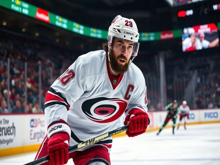 A dynamic action shot of Brent Burns in full hockey gear, mid-game, showcasing his large frame, focused expression, and the i