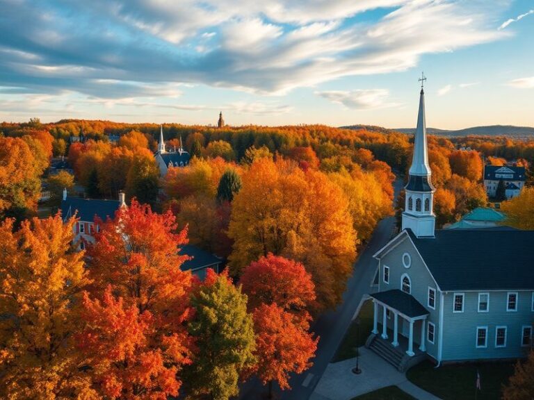 Aerial view of Raymond, NH, showing a mix of residential neighborhoods, the Lamprey River, and Route 101 corridor with autumn