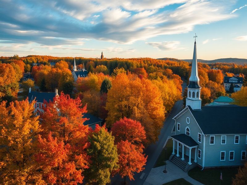 Aerial view of Raymond, NH, showing a mix of residential neighborhoods, the Lamprey River, and Route 101 corridor with autumn