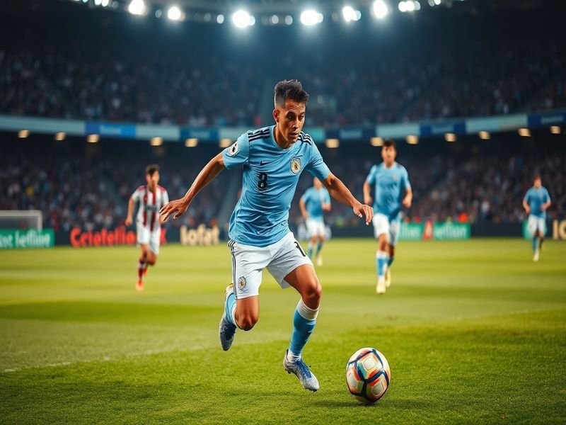 A dynamic action shot of Thiago Almada in an AC Milan jersey, dribbling past opponents in a Serie A match, with a blurred sta