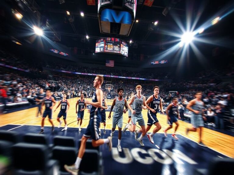 A dynamic action shot of the UConn basketball team in their navy and white uniforms during a home game at Gampel Pavilion, sh