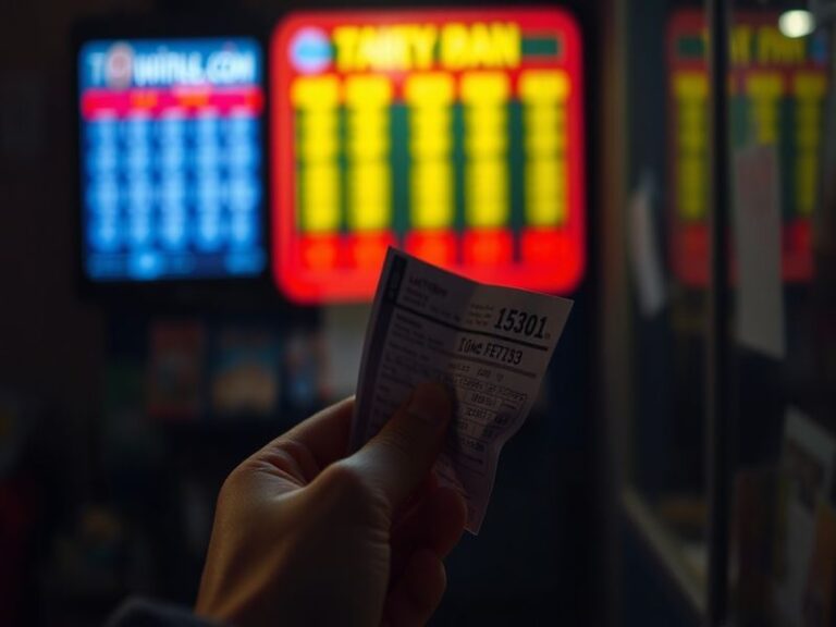 A close-up of a lottery drawing machine with numbered balls in mid-air, surrounded by official lottery documents and a calcul
