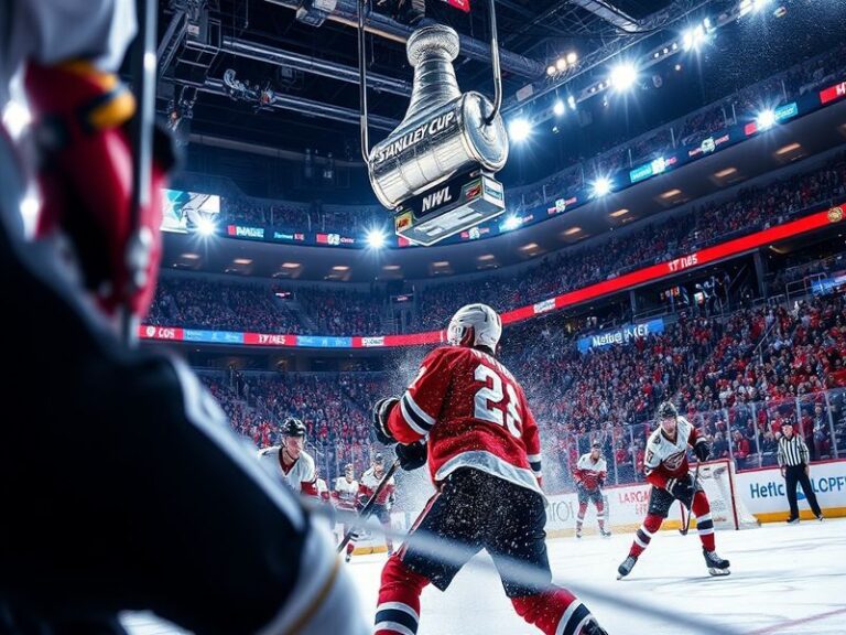 A split-screen image of a packed NHL arena during a playoff game, with the Stanley Cup prominently displayed on the ice and f