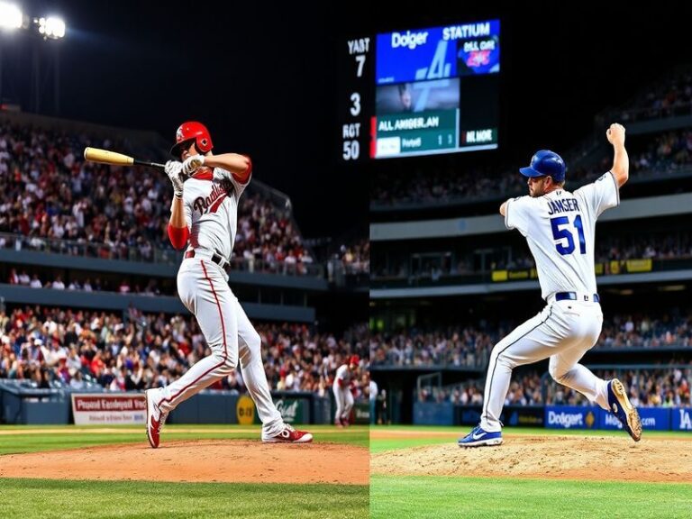 A split-screen image showing Clayton Kershaw pitching for the Dodgers and Juan Soto hitting for the Nationals during their pl