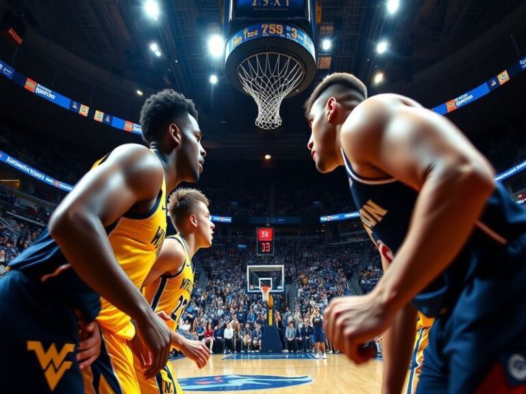 A dynamic basketball court scene with West Virginia in gold and blue playing against Creighton in blue and white. The atmosph