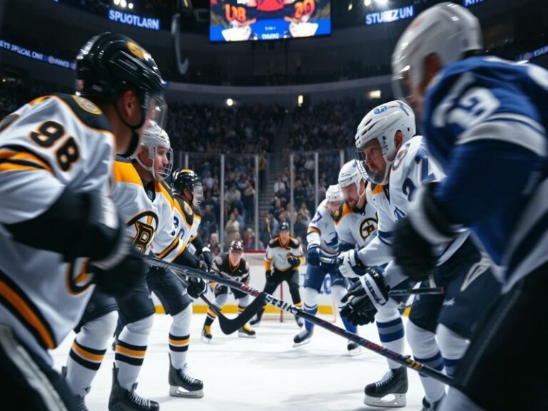 A split-screen image of the TD Garden in Boston and Amalie Arena in Tampa, with players in action and fans cheering, highligh