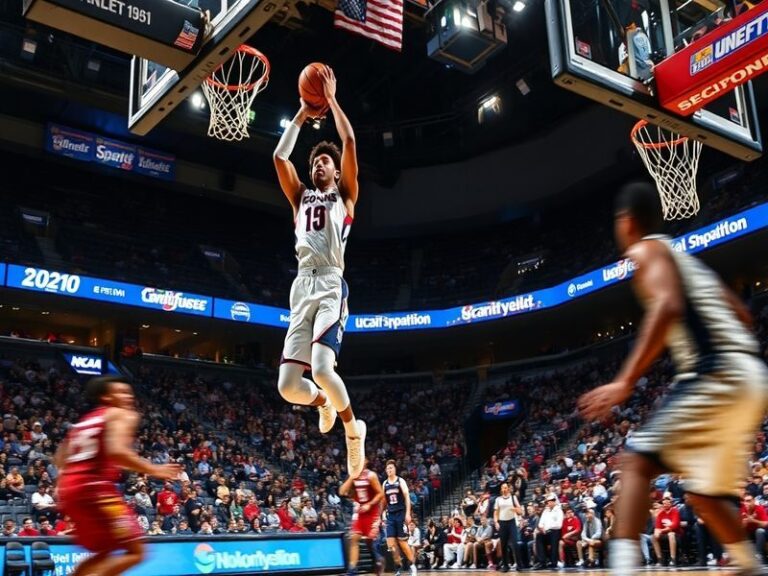 A dynamic action shot of the UConn basketball team in maroon and white uniforms playing on an indoor court, with fans in the