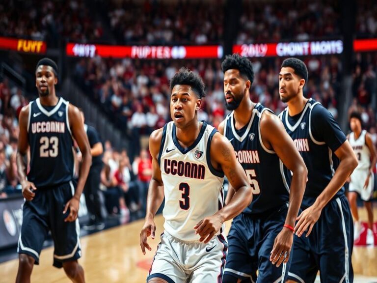 A dynamic action shot of UConn players in maroon and white uniforms during a fast break, with the scoreboard in the backgroun