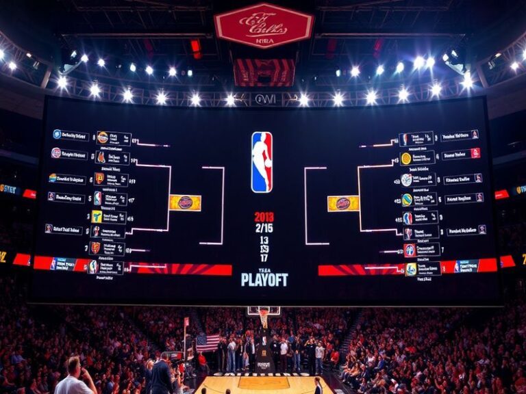 A dynamic NBA playoff bracket graphic displayed on a jumbotron, surrounded by excited fans in a packed arena. The screen show