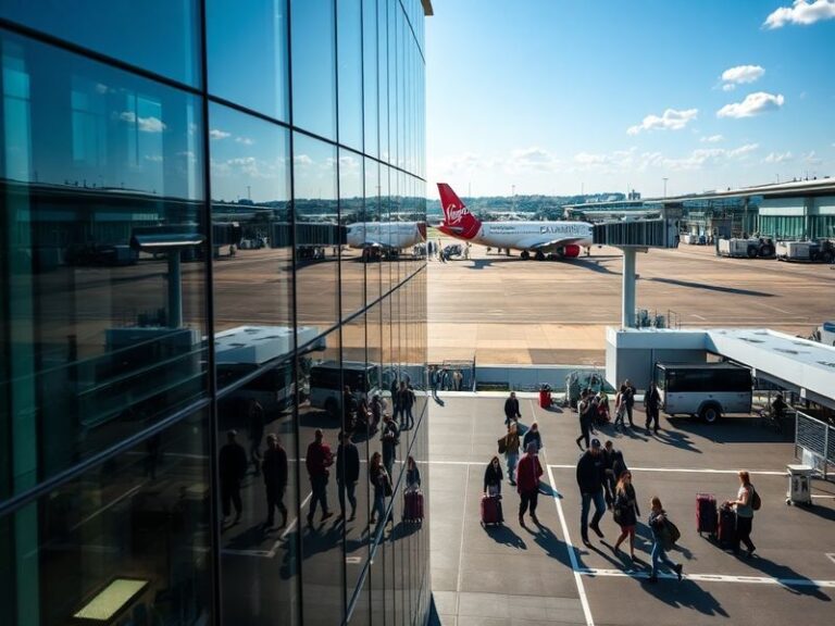 An aerial view of Leeds Bradford Airport during a clear day, showing the terminal, runway, and surrounding Yorkshire countrys