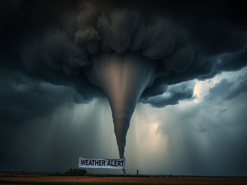A dark, ominous sky with greenish tint looms over a suburban neighborhood. A Doppler radar screen glows in a home, showing a