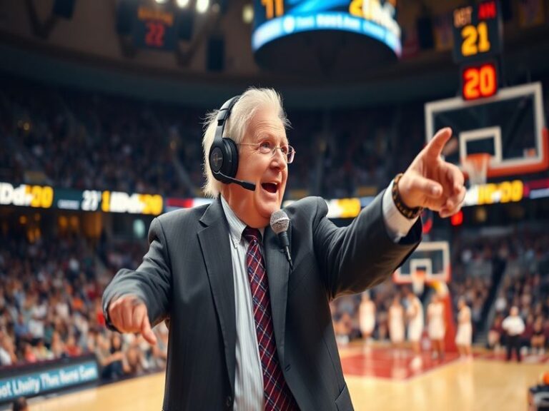 A dynamic photo of Bill Raftery in the broadcast booth during a college basketball game, wearing a headset and gesturing with