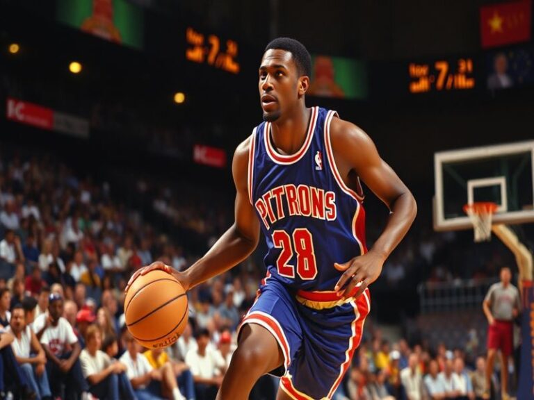 A dynamic action shot of Grant Hill in a Detroit Pistons uniform mid-game, showcasing his signature crossover dribble against