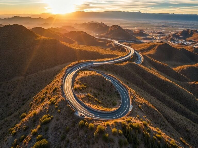 A scenic highway view between Querétaro and Toluca, showing rolling hills, colonial towns, and a distant snow-capped volcano
