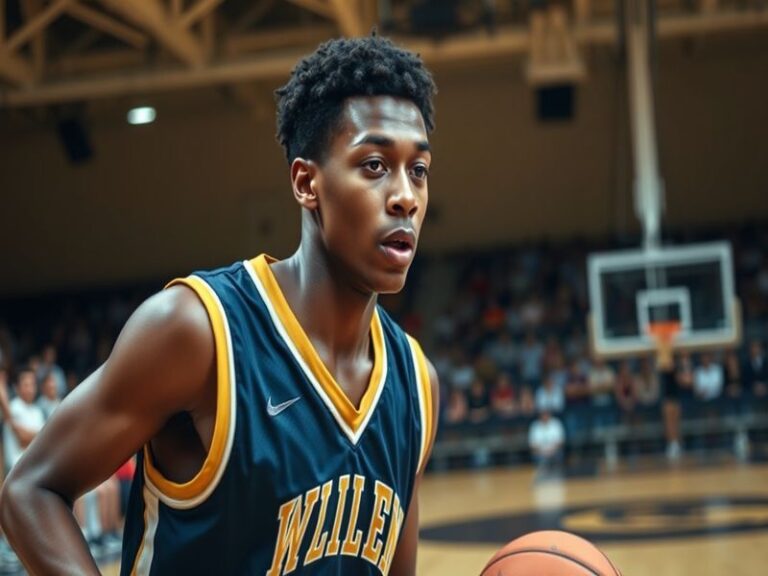 A dynamic action shot of Kylan Boswell in an Arizona Wildcats uniform, mid-dribble with intense focus, surrounded by blurred