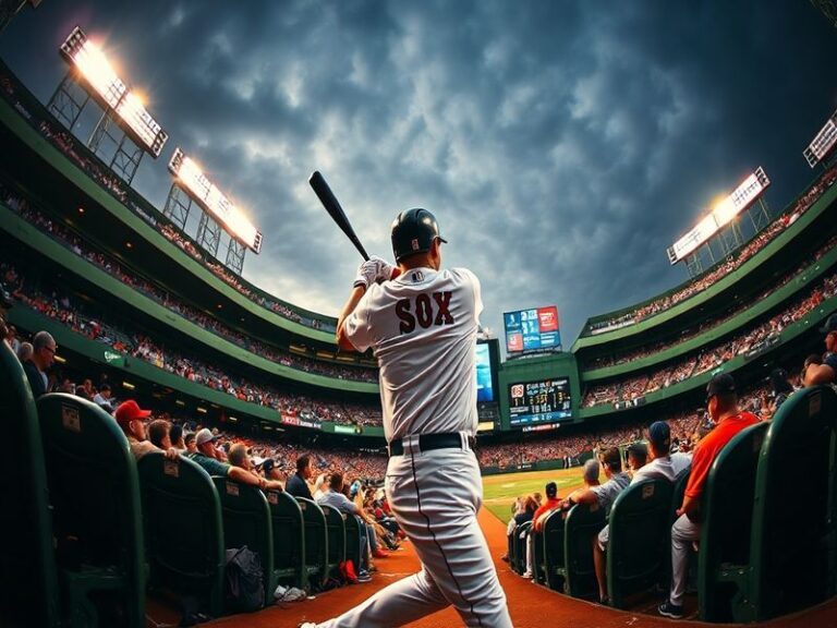 A photo of Fenway Park during a late-inning Red Sox game, with players on the field under stadium lights, capturing the inten