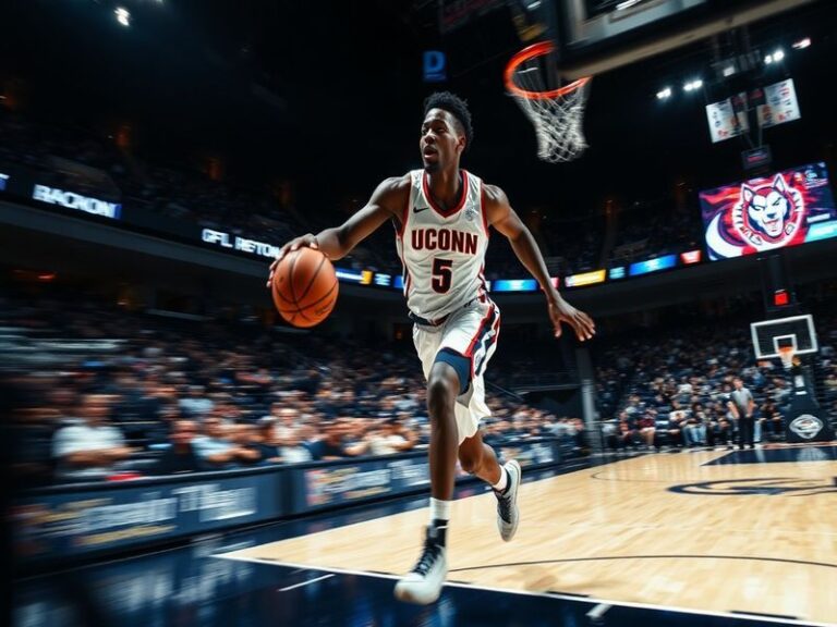 A dynamic action shot of Tristen Mullins in a UConn jersey, mid-jump while shooting a three-pointer during a game at Gampel P