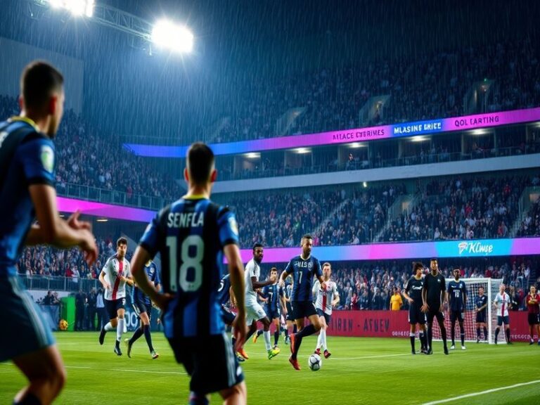 A dynamic soccer action shot at Q2 Stadium in Austin, Texas, showing players in red and black (Austin FC) and pink and black