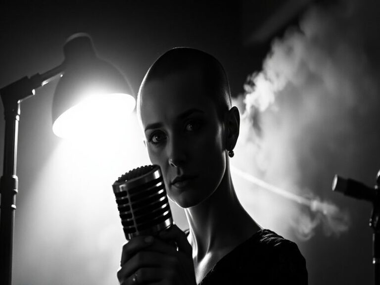 A close-up portrait of Sinéad O'Connor with her signature shaved head, intense gaze, and wearing a black outfit, set against