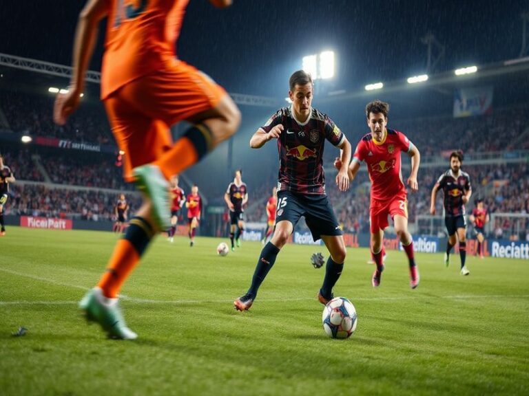 A vibrant stadium atmosphere with FC Cincinnati fans in red and black cheering, while NY Red Bulls players in white and red b