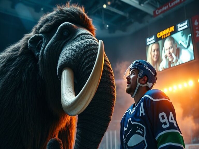 A split-screen image showing a Colorado Mammoth lacrosse player in action on one side and a Vancouver Canucks hockey player o
