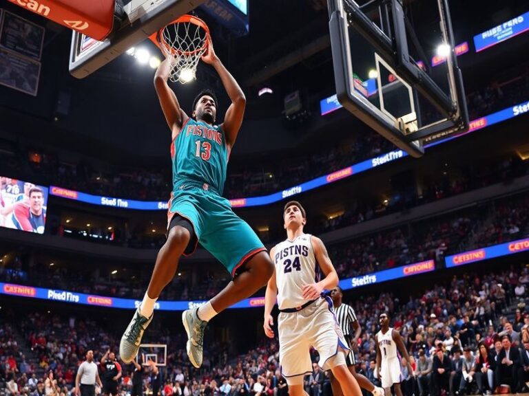 A split-screen image showing a Detroit Pistons player in action on the left and a Philadelphia 76ers player on the right, wit