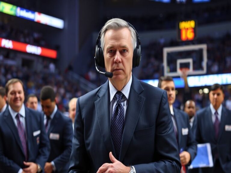 A dynamic action shot of Billy Donovan coaching during a game, with players focused on the court, highlighting his intense co