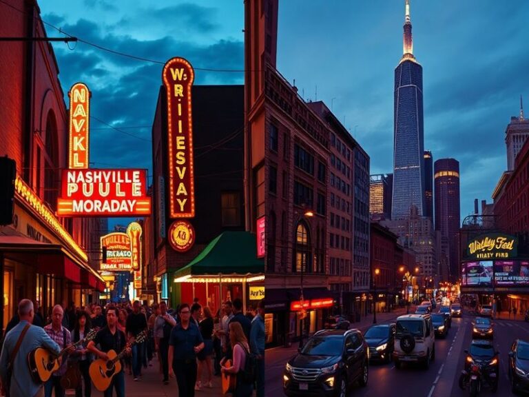 A split-image visual contrasting Nashville’s neon-lit Broadway street at night with Chicago’s iconic skyline and cloudy sky,